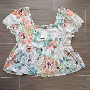 Belt Floral Peplum Blouse 1X NWT Short Sleeve Eyelet Trim Top